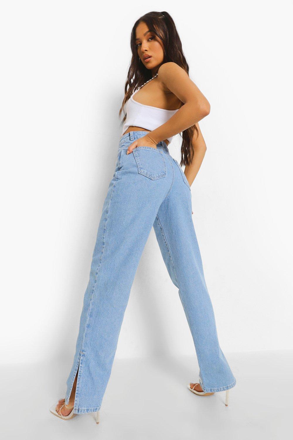 Petite Distress Split Hem Straight Leg Jeans boohoo